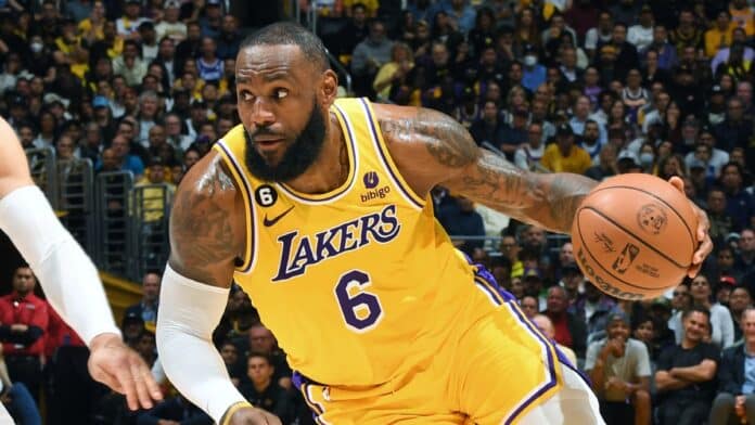 LeBron James in purple Lakers jersey