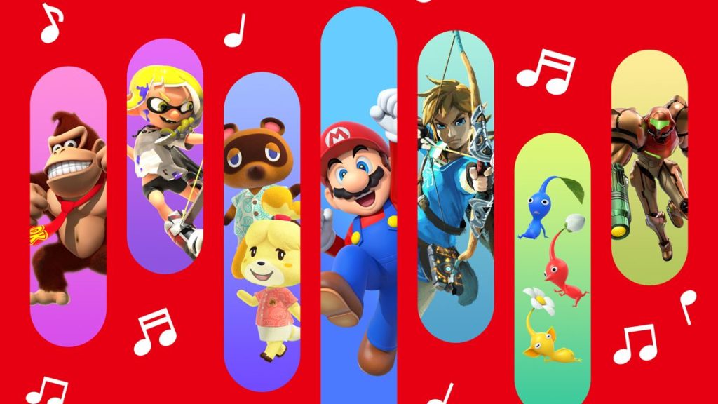 Nintendo characters on red musical backdrop