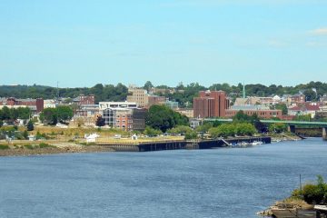 Bangor Maine skyline with river