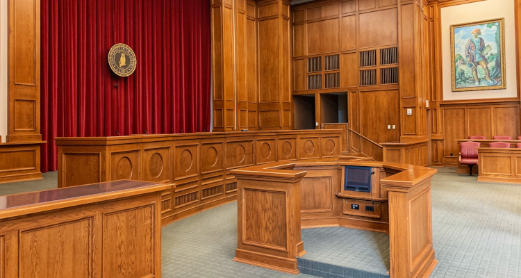 Courtroom interior with red drapes