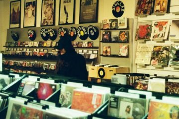 Browsing vinyl records in music store