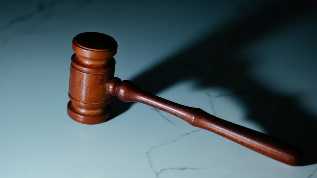 Wooden gavel on brown surface