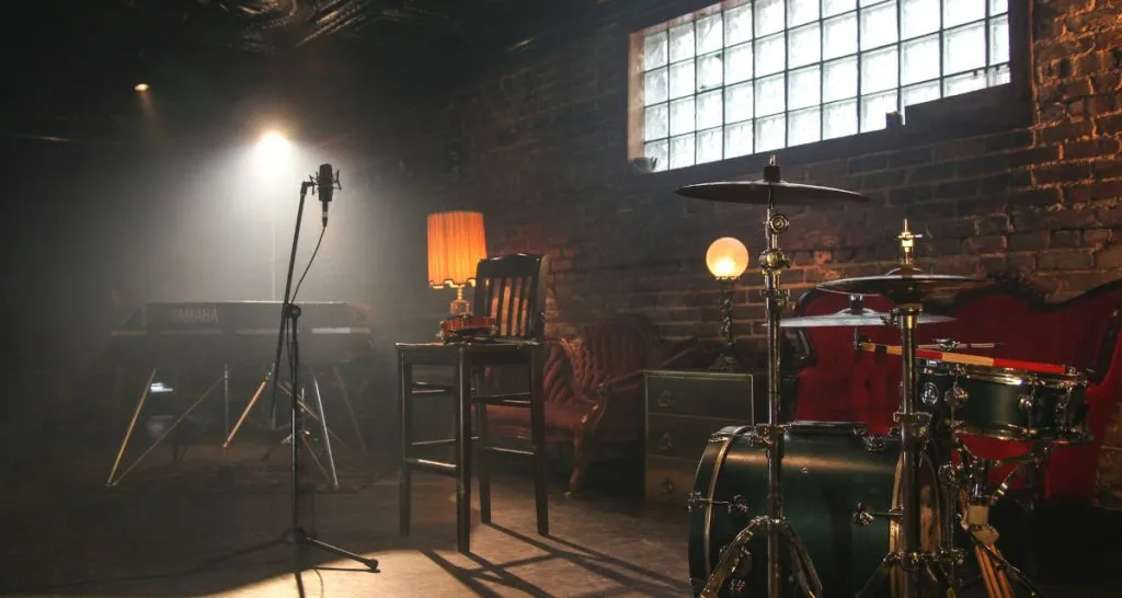 Instruments in dark Brooklyn recording studio